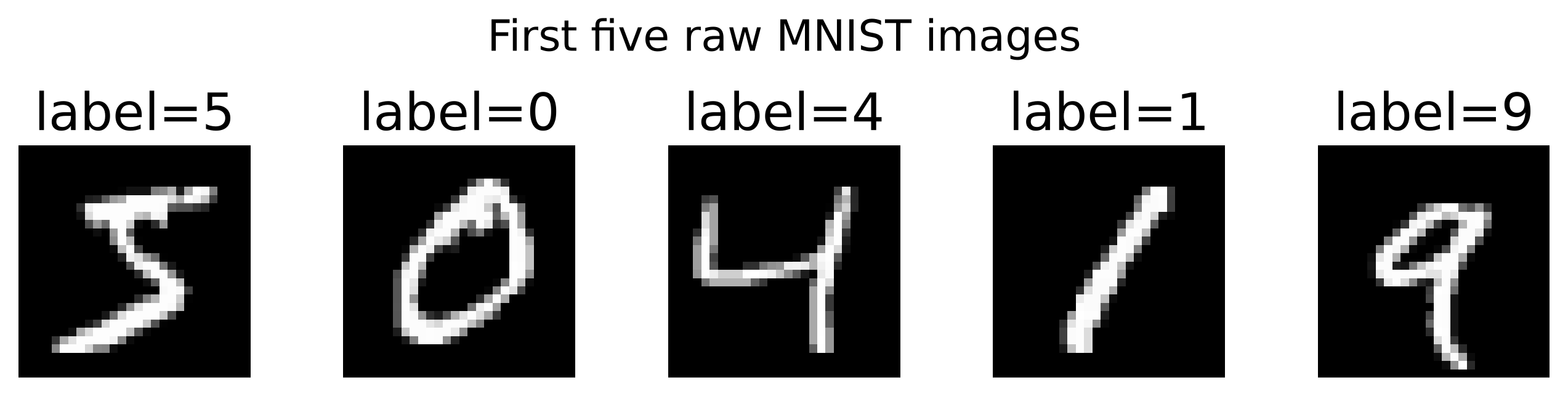 Five raw MNIST images before any preprocessing