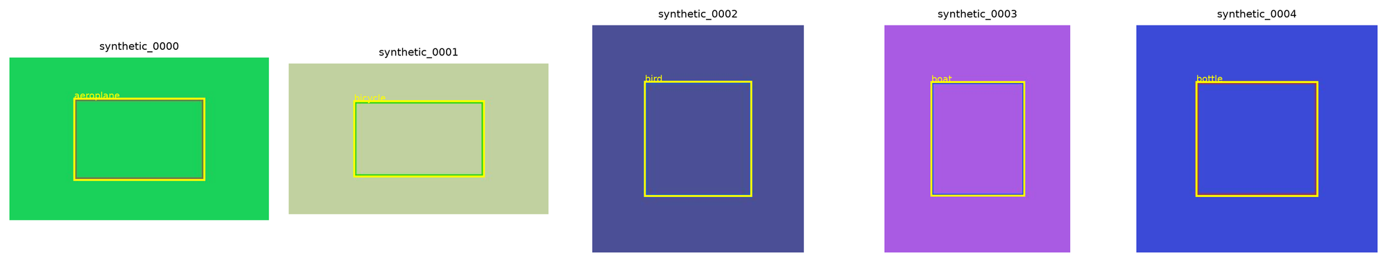 Five raw VOC examples with their ground-truth boxes drawn in yellow