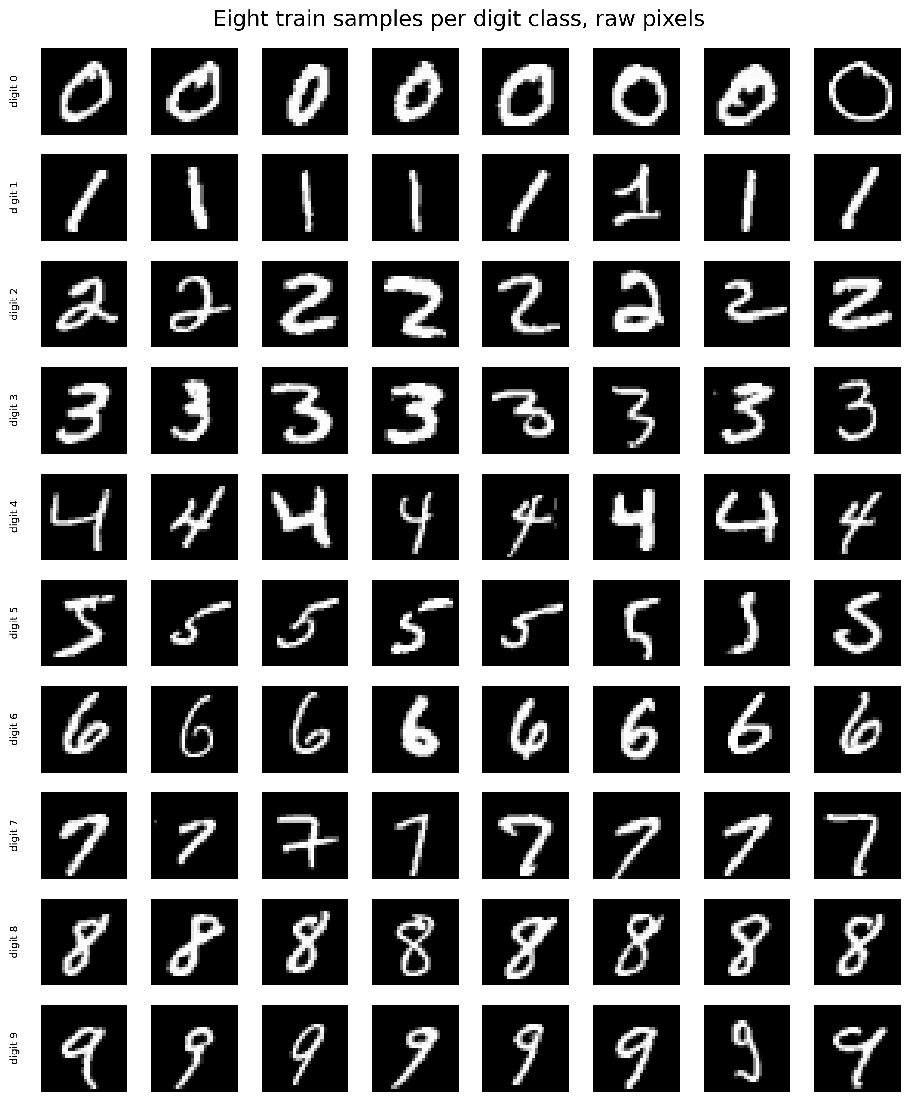 Eight train samples per digit class, raw pixels