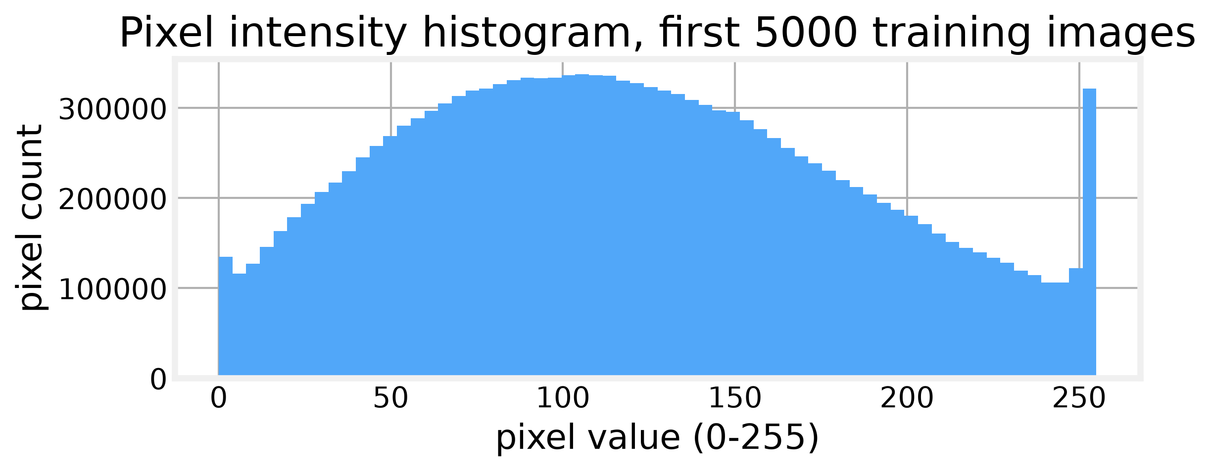 Pixel intensities span 0 to 255 with no clipping at either end